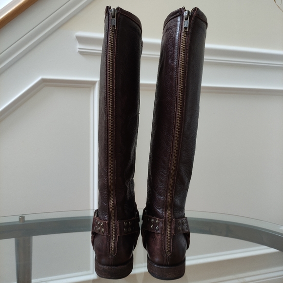 FRYE Phillip Studded Brown Leather Harness Tall Leather Boots women's 9B - Picture 7 of 16